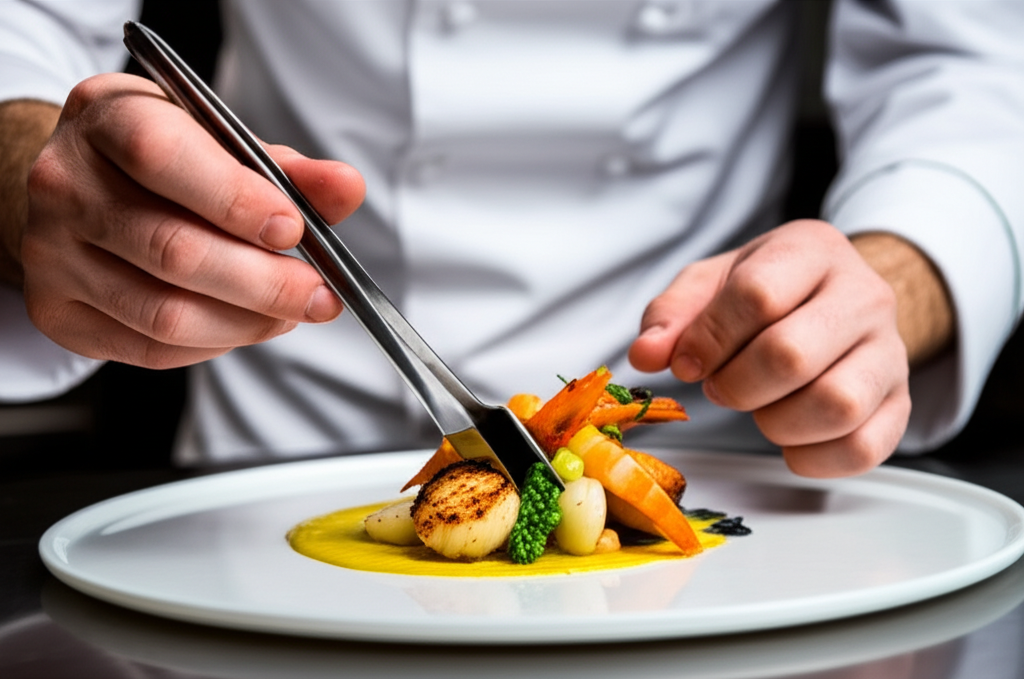 Chef plating a seasonal seafood dish